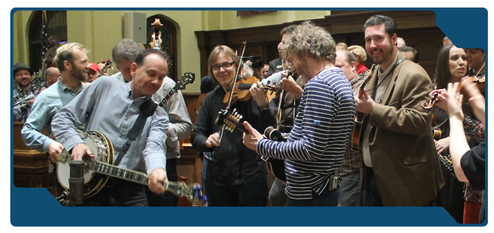 Musicians participate in the banjo flash mob for the Grand Opening of the Earl Scruggs Center in January 2014.
L-R - Graham Sharp, Dean Jenks, Bryon McMurry, Nicky Sanders, Sam Bush, Darin Aldridge, Brooke Aldridge